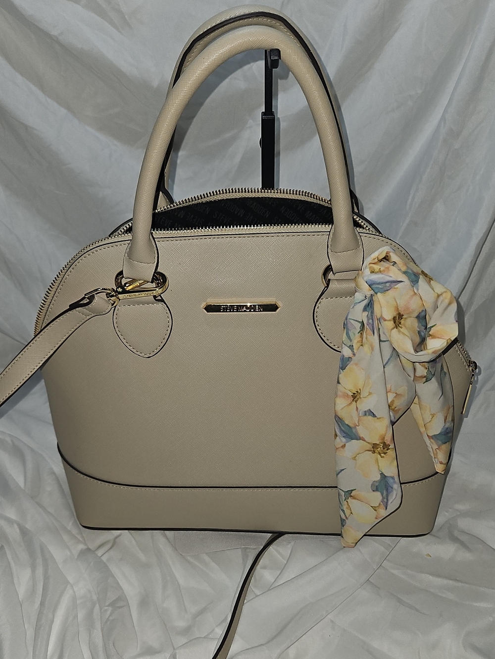 Steve Madden Cream Satchel with Floral Scarf Accent